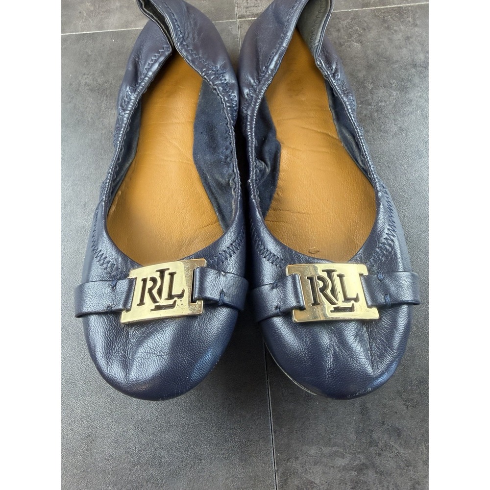 Ralph Lauren Women's Navy Blue Leather Ballet Slippers w/Gold Logo Size 8